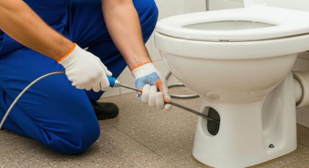 A person in gloves using a plumbing snake to unclog a toilet.