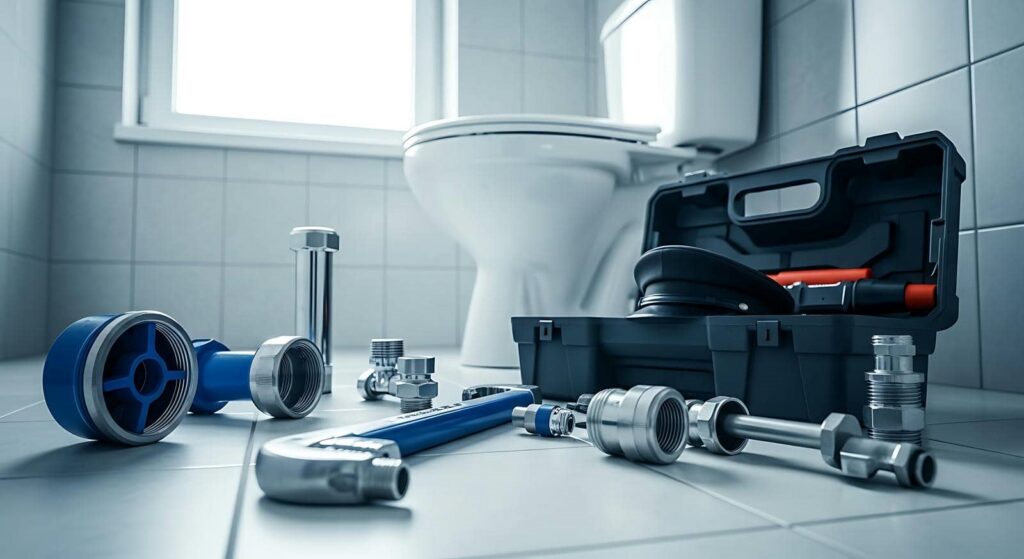 Plumbing tools and parts scattered on a bathroom floor near a toilet and toolbox.