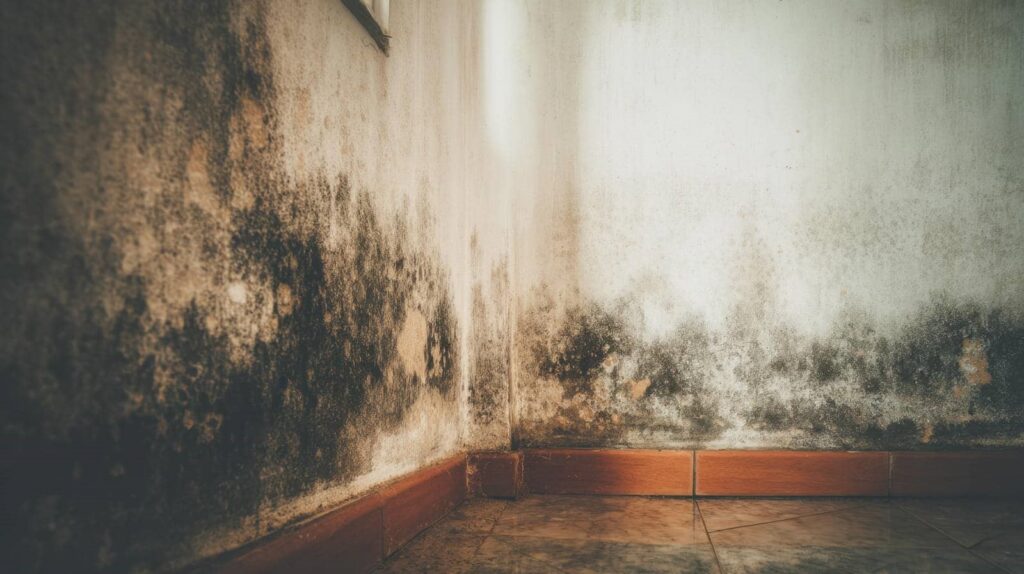 Corner of a room with walls covered in black mold and a tiled floor.
