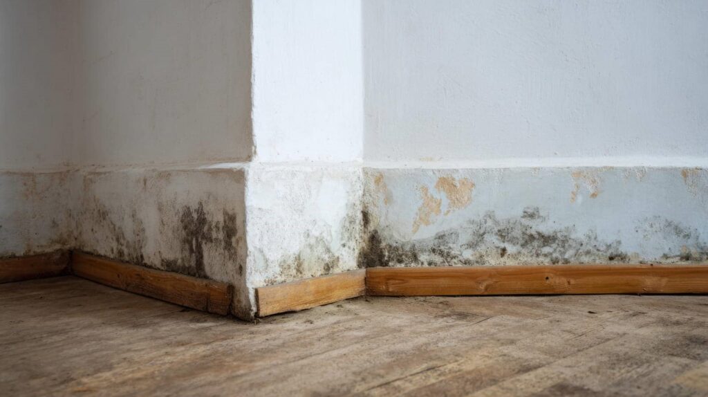 Corner of a room with mold and water damage on white walls and wooden baseboards.