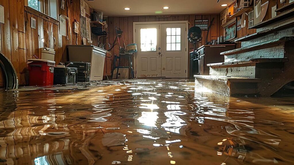 Flooded basement with water covering the floor and household items partially submerged.