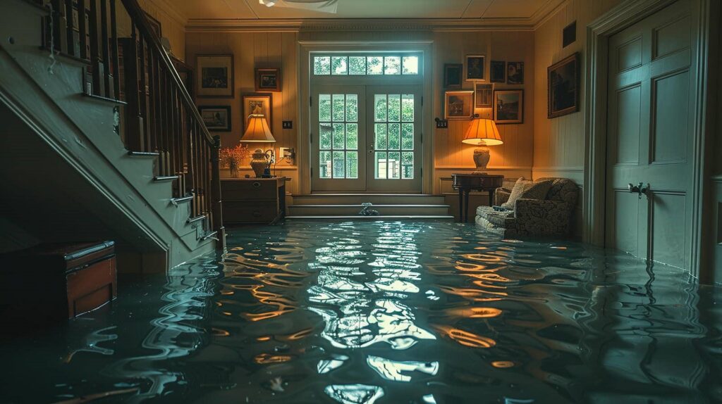Living room flooded with water reaching the furniture and stairs.