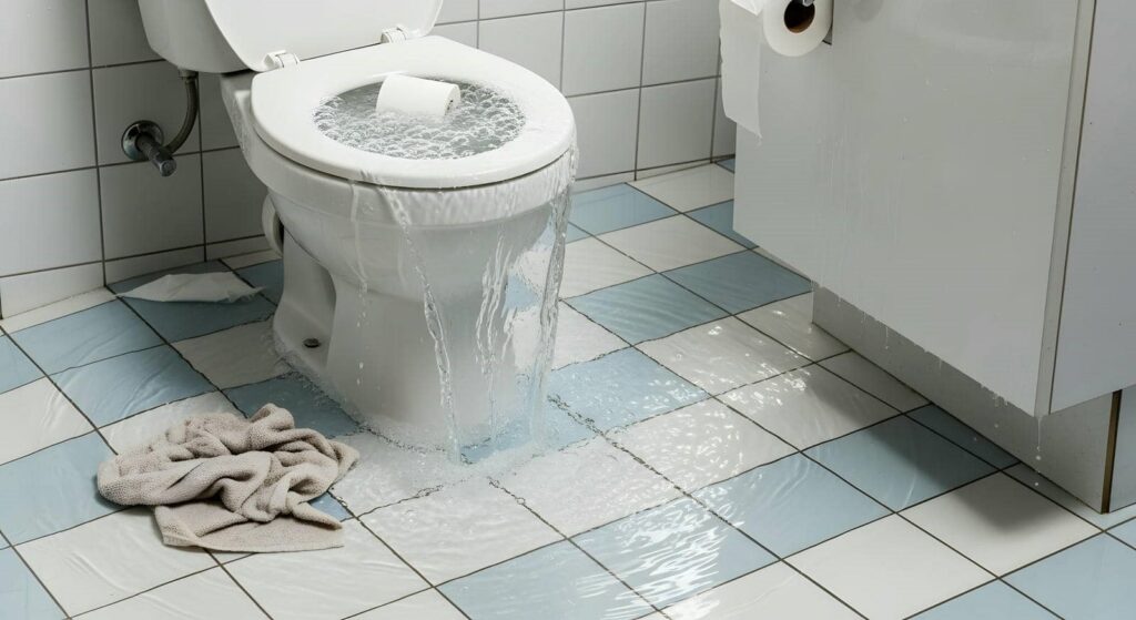 Overflowing toilet with water spilling onto a tiled bathroom floor and a roll of toilet paper inside the bowl.