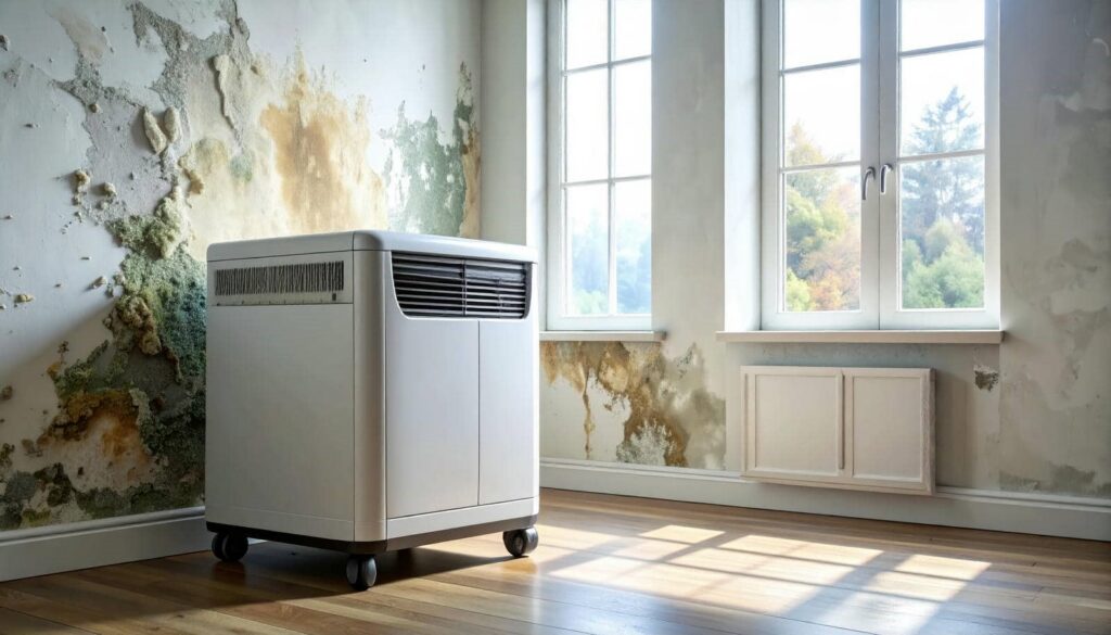 professional equipment in a room with mold and water damage on the walls near windows.