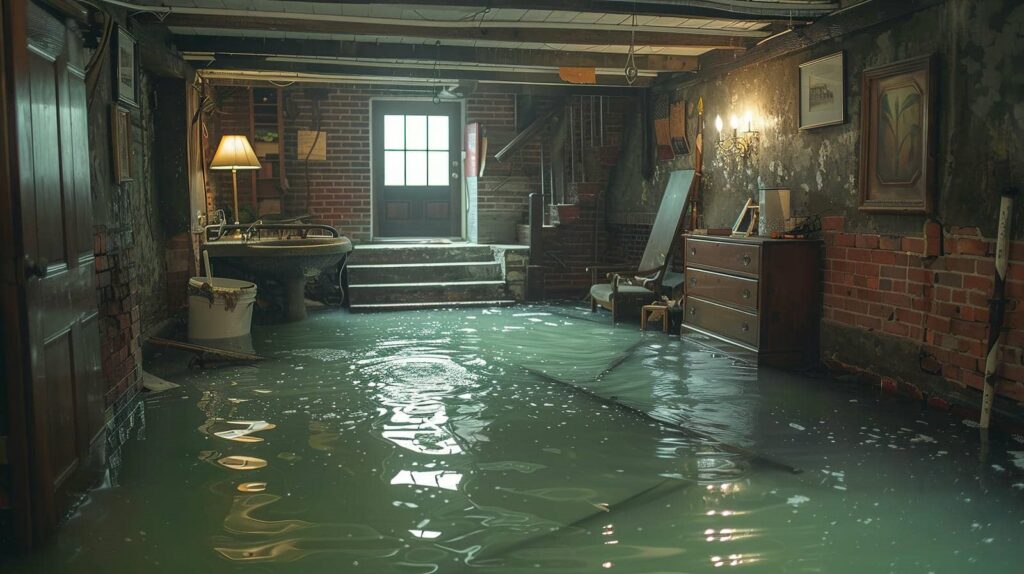Basement room partially flooded with water covering the floor and furniture.
