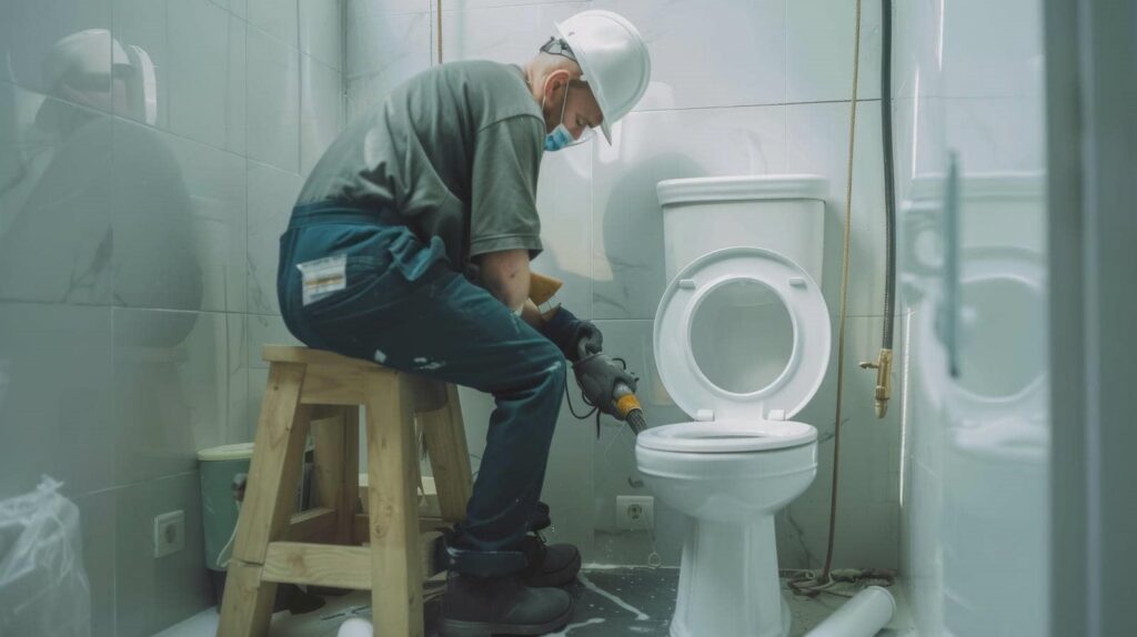 Plumber wearing a hard hat and mask using a drain cleaning machine on a toilet in a bathroom.