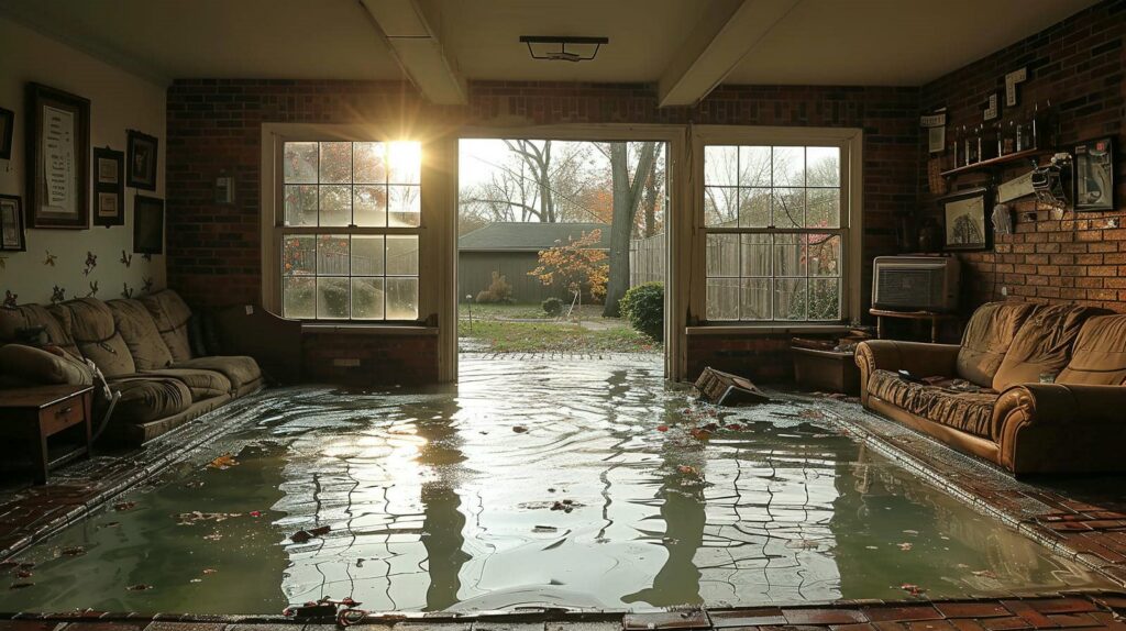 Living room flooded with water, sunlight shining through open door to backyard.