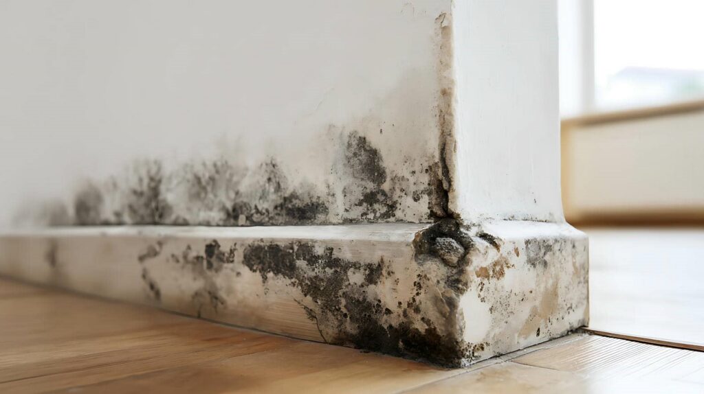Black mold growth on the baseboard and lower wall corner near a wooden floor.