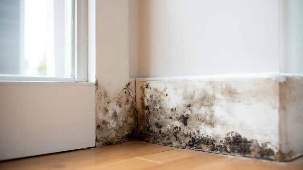 Black mold growth on the lower corner of a white wall near a door frame.