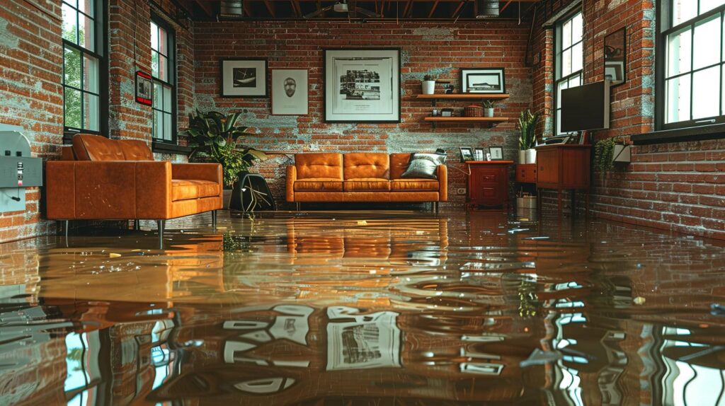 Living room with brown leather sofas and flooded floor reflecting furniture and brick walls.