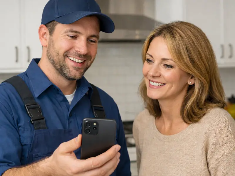 Plumber consulting an expert on speaker phone with customer